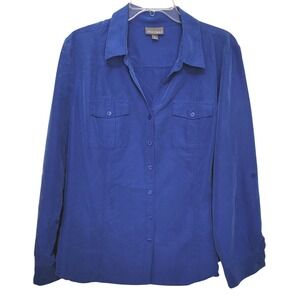 Roz & Ali Button Down Shirt Womens XL Blue Modal Blend Roll Tab Sleeve 3436